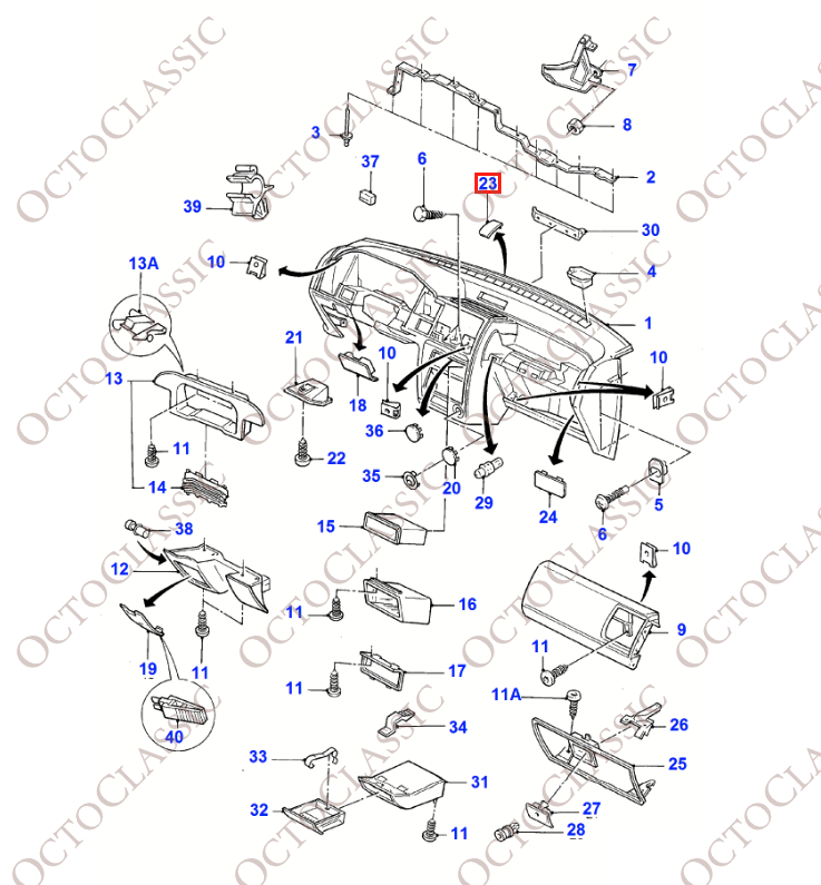 Osłona środkowego otworu wentylacyjnego deski rozdzielczej Ford Escort czarna lub szara 6537957 Osłona środkowego otworu wentylacyjnego deski rozdzielczej Ford Escort czarna lub szara 6537957