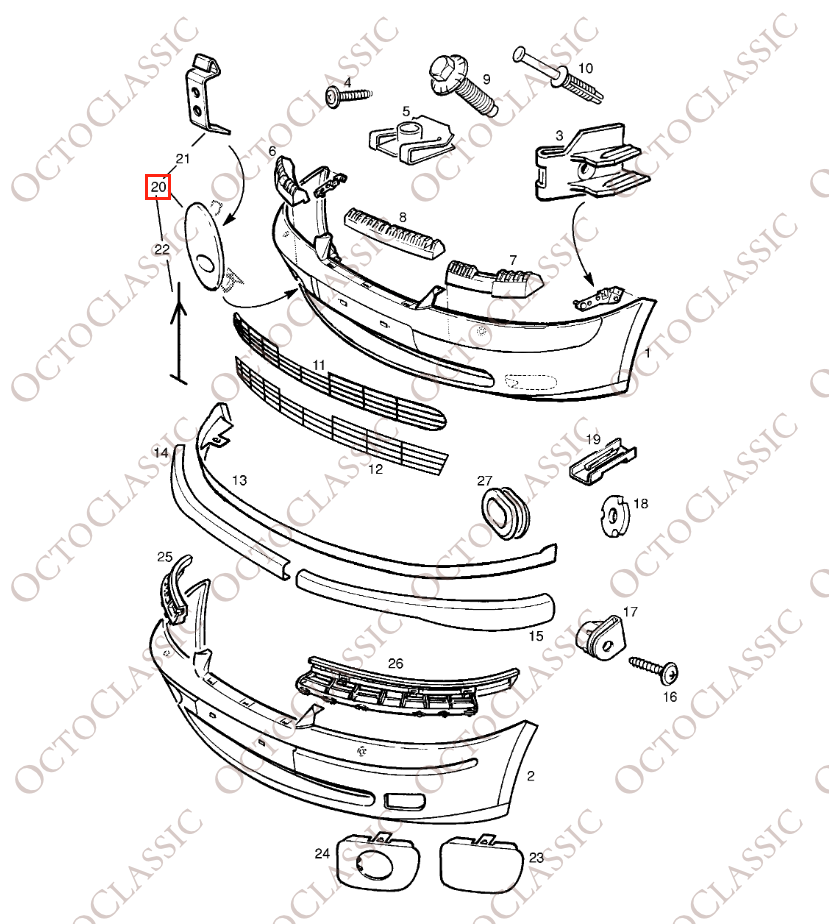 Opel Vectra B / Omega B Couvercle de crochet d’attelage avant apprêté 90464536 Opel Vectra B / Omega B Couvercle de crochet d’attelage avant apprêté 90464536