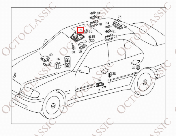 Mercedes W202 / W208 / W210 Luce di cupola della console interna A2088208001 Mercedes W202 / W208 / W210 Luce di cupola della console interna A2088208001
