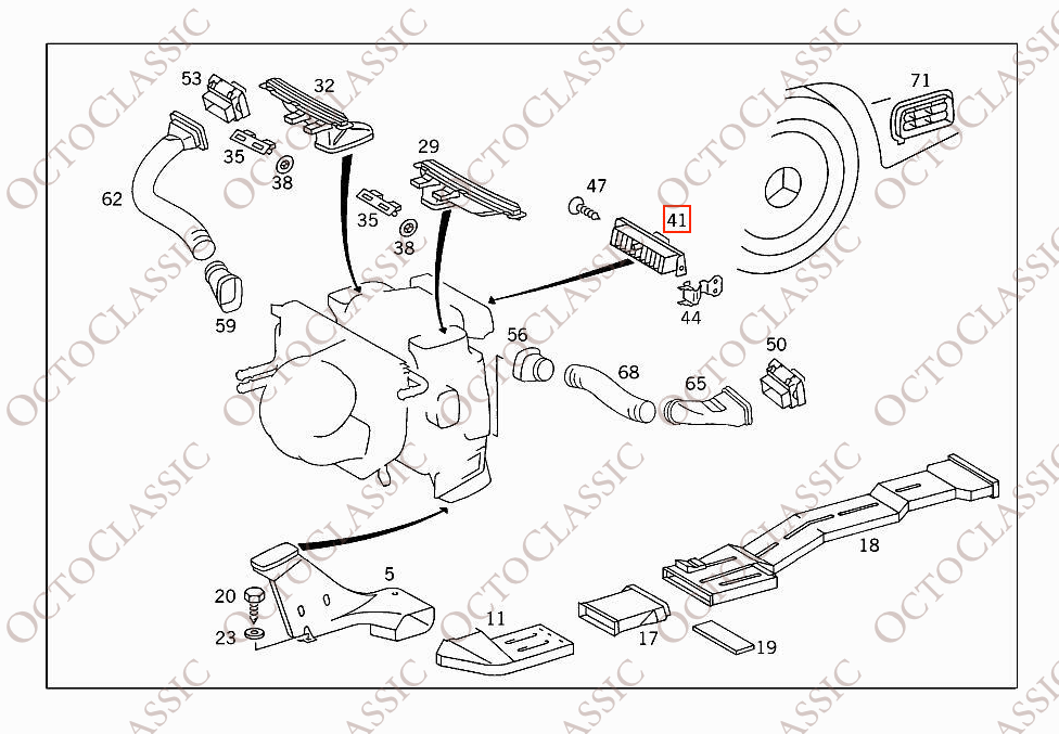 Mercedes W124 Griglia di aerazione del cruscotto A1248300754 Mercedes W124 Griglia di aerazione del cruscotto A1248300754