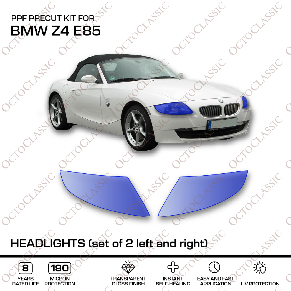 BMW Z4 E85 Headlights – PPF Paint Protection Film Precut – Set Of 2 Left And Right BMW Z4 E85 Headlights – PPF Paint Protection Film Precut – Set Of 2 Left And Right