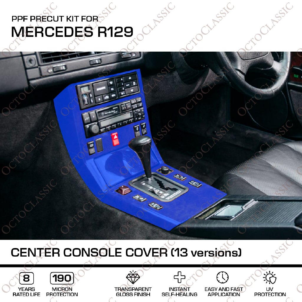 Konsola środkowa Mercedes R129 13 wersji A1296801739 – Wstępnie przycięta folia ochronna PPF – Osłona przeciw zarysowaniom Konsola środkowa Mercedes R129 13 wersji A1296801739 – Wstępnie przycięta folia ochronna PPF – Osłona przeciw zarysowaniom