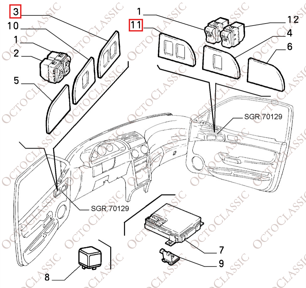Alfa Romeo 145 Interrupteur de lève-vitre conducteur Ornement noir LHD ou RHD 112940362 / 153922061 Alfa Romeo 145 Interrupteur de lève-vitre conducteur Ornement noir LHD ou RHD 112940362 / 153922061