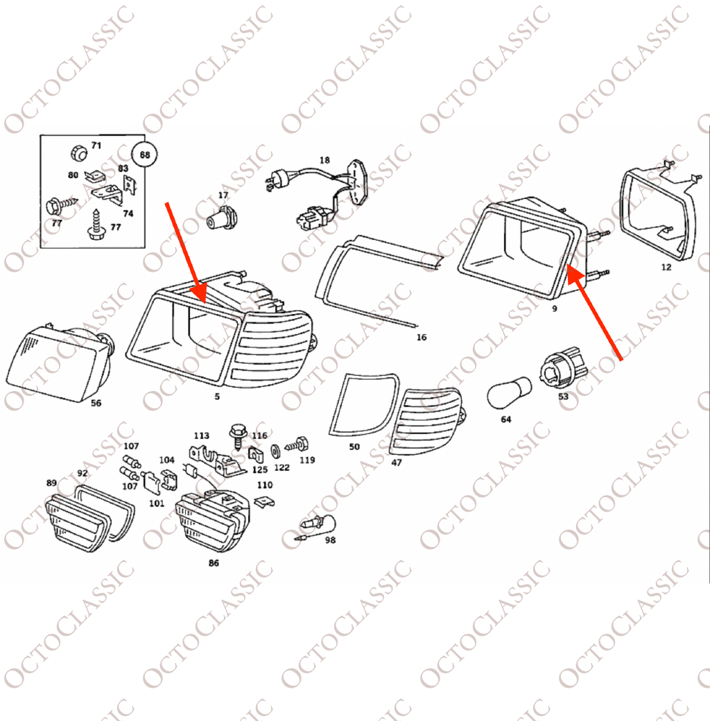 Mercedes W126 SEC USA Cadre de phare gauche ou droit 1 305 540 151 / 1 305 540 152 Mercedes W126 SEC USA Cadre de phare gauche ou droit 1 305 540 151 / 1 305 540 152