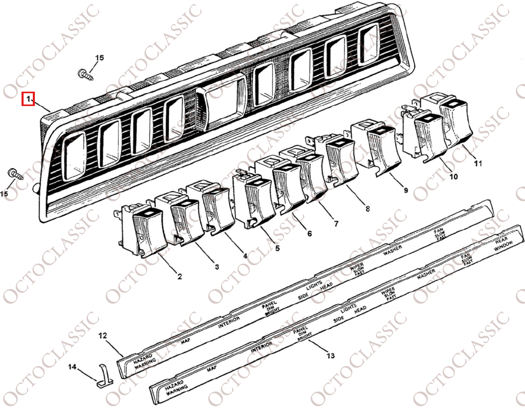 Jaguar XJ Serie 1 / Jaguar E-Type Serie 3: pannello dell’alloggiamento degli interruttori della console centrale C28616 Jaguar XJ Serie 1 / Jaguar E-Type Serie 3: pannello dell’alloggiamento degli interruttori della console centrale C28616