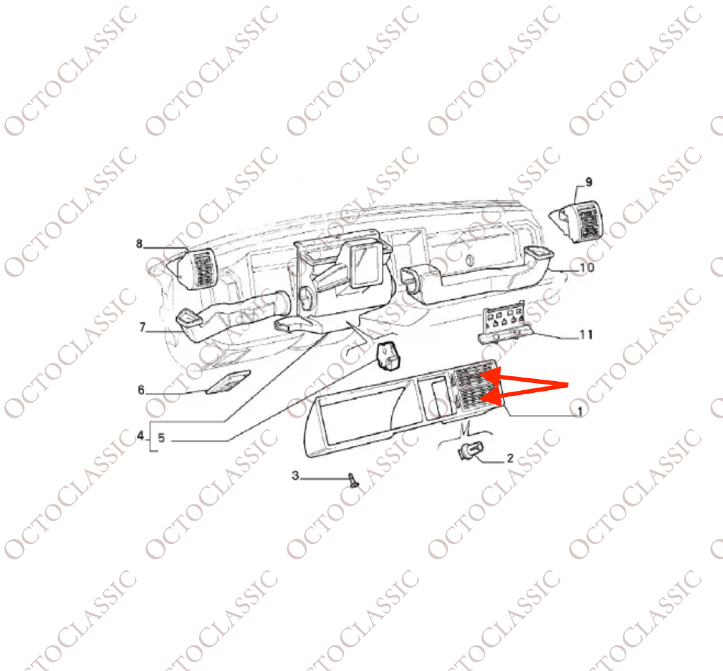 Lancia Delta HF Integrale Evo : garniture de grille d’aération du tableau de bord, noire 176268880 Lancia Delta HF Integrale Evo : garniture de grille d’aération du tableau de bord, noire 176268880